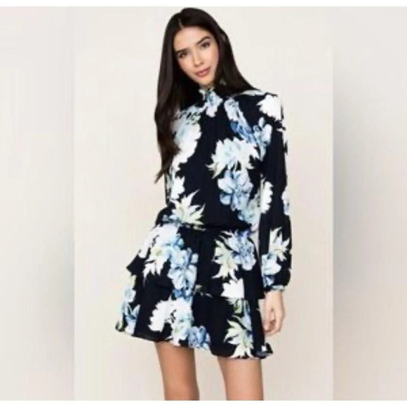 Yumi Kim Class Act Floral Mock Neck Keyhole Back Tiered Long Sleeve Dress Small - Picture 2 of 16